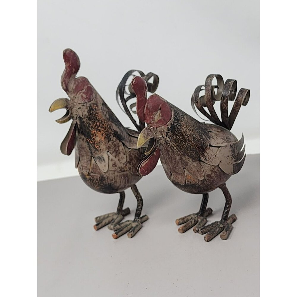 Vintage Rustic Metal Rooster‎ Sculpture Set Of 2 Decorative Farmhouse Décor